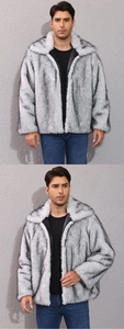 Detail of grey faux fur coat featuring thick lapels and soft black snowflake texture