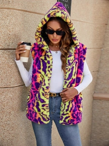 Gilet chic en fausse fourrure léopard avec capuche et motifs colorés néon pour la mode hiver