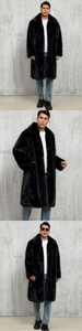 Detailed views of men's long faux fur coat in black with thick material and lapel collar
