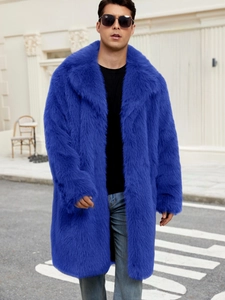 Men's royal blue faux fox fur long coat with large lapel collar for winter warmth