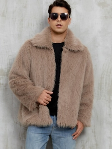 Detail of men's faux fur jacket showing long pile texture and wide lapel in camel brown