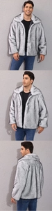 Detail view showing textured faux fur texture and lapel design of the men warm winter coat