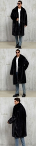 Detailed views of the men's long faux fur coat featuring thick texture and glossy finish