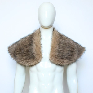 Macro shot of thick brown grey faux fur collar with dense texture on Viking shoulder cape