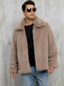Close-up of fluffy faux fur texture on men's lapel jacket in beige and brown