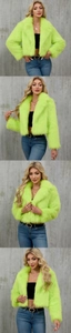 Close-up of fluffy neon green faux fur texture and lapel collar on a cropped jacket