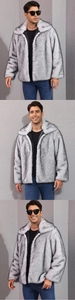 Vertical montage of a stylish men's faux fur coat with collar in a grey textured finish