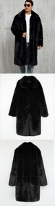 Detailed views of a men's long black faux fur coat with thick texture and large collar