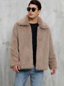 Detail of camel faux fur jacket showing fluffy texture and wide lapel collar for men