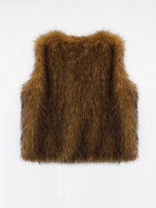 Close-up of brown faux fur vest texture showing thick long faux fur material details