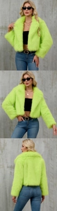 Detail view of neon green faux fur cropped jacket with oversized notch lapels and fluffy texture