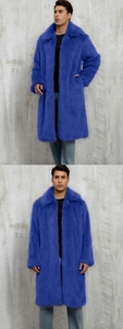 Detail view of electric blue faux fur long coat for men with plush texture and collar