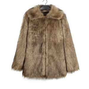 Detailed view of plush faux fur texture and large lapel on a brown winter coat