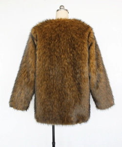 Detailed texture of thick dark brown faux fur coat with long plush warm fabric back view