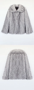Front and back view of men's thick faux fur coat with plush lapel in light grey
