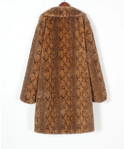Close-up of thick plush faux fur texture and modern brown snakeskin pattern on the coat