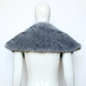 Detail view of grey faux fur Viking shawl with long plush texture for medieval costumes
