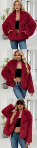 Detail view of a luxury faux fur jacket in dark red featuring a large plush collar