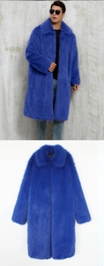 Detailed view of long blue faux fur coat for men featuring a classic wide square collar