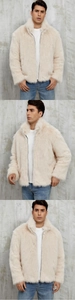 Vista tripla della giacca da uomo in ecopelliccia color crema con colletto e zip
