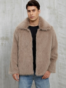 Close-up of fluffy faux fur texture and wide lapel on men's winter short jacket