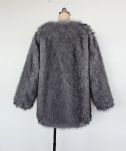 Rear view detail of dark grey faux fur coat showing soft plush texture and long sleeves
