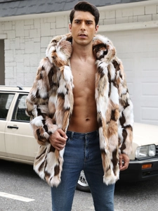 Men's tri-color faux fur hooded coat in brown white and black patchwork design