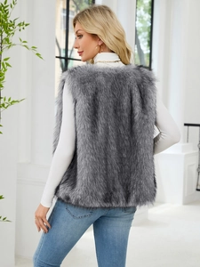Back view of a grey faux fur vest showing the long-haired plush texture and sleeveless cut