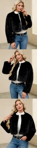 Vue détaillée du manteau court en fausse fourrure noire pour femme avec manches longues et col rond