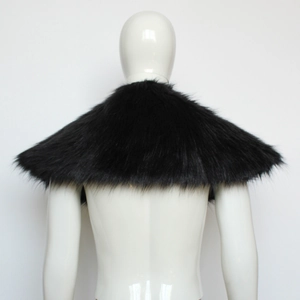 Detailed back view of a black faux fur Viking cape shawl for medieval warrior costumes