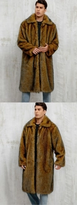Detailed view of plush faux fur texture and lapel design on men's long golden brown coat
