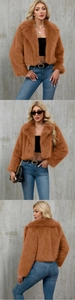 Three-way view of a brown faux fur cropped jacket with a lapel collar and fluffy sleeves