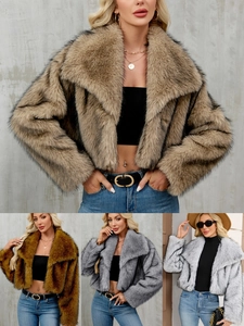 Women Luxury Faux Fur Short Jacket Elegant Lapel Long Sleeve Plush Coat Warm Winter Outwear Striped Animal Pattern