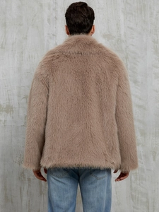 Back view of a men's thick faux fur jacket in brown showing soft plush texture