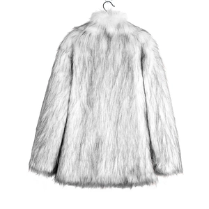 Close-up of the plush silver-gray faux fur texture and dense long hair on this coat