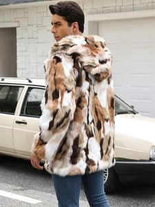 Rear view of men's faux fur hooded coat with brown and beige color block patchwork design