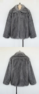 Front and back view of men's grey faux fur coat with thick plush lapels for winter warmth