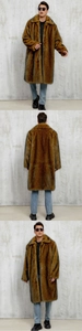 Vertical collage showing front, back, and details of a long faux fur coat for men