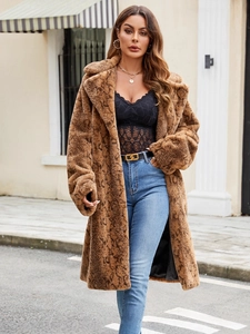Women's Elegant Snake Skin Pattern Faux Fur Coat With Lapel Long Sleeve Winter Warm Slim Fit Long Overcoat Fashion Outerwear