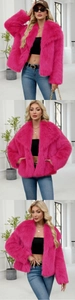 Detail of a bright pink faux fox fur coat with a large lapel and loose plush texture