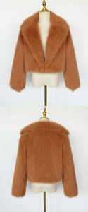 Front and back view of caramel faux fur short jacket with fluffy lapel collar