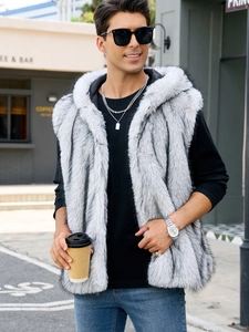 Detail view showing the fluffy faux fur texture and grey gradient on the men's hooded vest