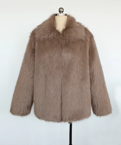 Detailed view of the tan faux fur texture and lapel design on the men's winter jacket