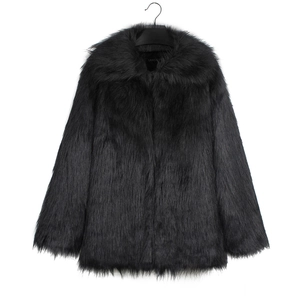 Detail of premium black faux fur jacket showing the dense plush texture and large lapel