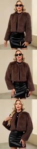Détails de la veste en fausse fourrure marron foncé avec texture pelucheuse et col rond