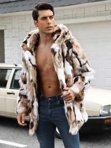 Men's faux fur hooded coat with brown leopard pattern in a stylish outdoor street setting