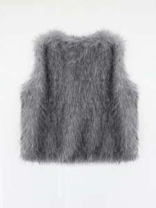 Detail of grey faux fur vest showing fluffy long-pile texture and sleeveless design