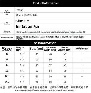 Detailed size chart for men's long faux fur coat featuring measurements from S to 3XL