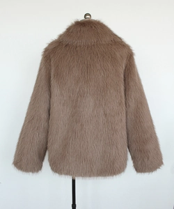 Rear view of men's faux fur jacket with fluffy texture and oversized lapel collar