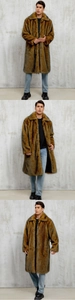 Macro detail of men long faux fur coat showcasing premium yellow brown texture and lapel